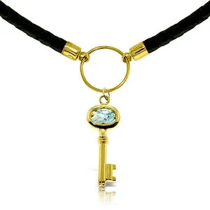 0.5 Carat 14K Solid Yellow Gold Leather Key Necklace Aquamarine