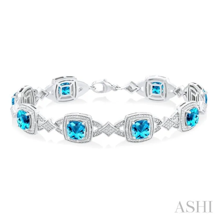 1/10 ctw Cushion Shape 7X7 MM Blue Topaz and Round Cut Diamond Semi Precious Bracelet in Sterling Silver