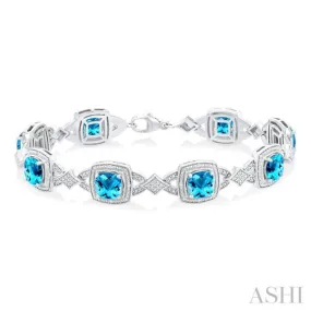 1/10 ctw Cushion Shape 7X7 MM Blue Topaz and Round Cut Diamond Semi Precious Bracelet in Sterling Silver