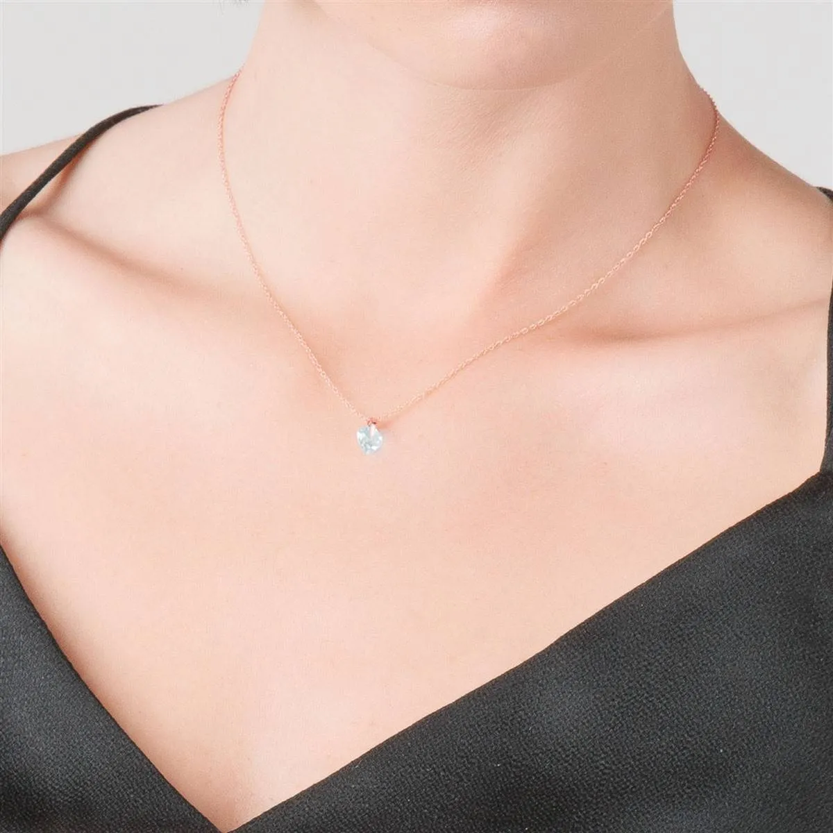 1.15 Carat 14K Solid Rose Gold Lonely Heart Aquamarine Necklace