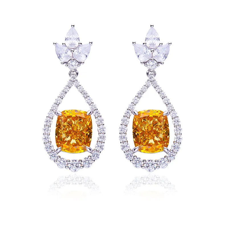 12.7Carat Cushion Cut Yellow Zircon Water Drop Earrings