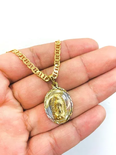 14K Gold Filled Virgen de Guadalupe Tri-Color Necklace Pendant 20" 20x13mm / Cadena y Dije de la Virgen de Guadalupe / Everyday Necklace / Dainty Guadalupe Pendant