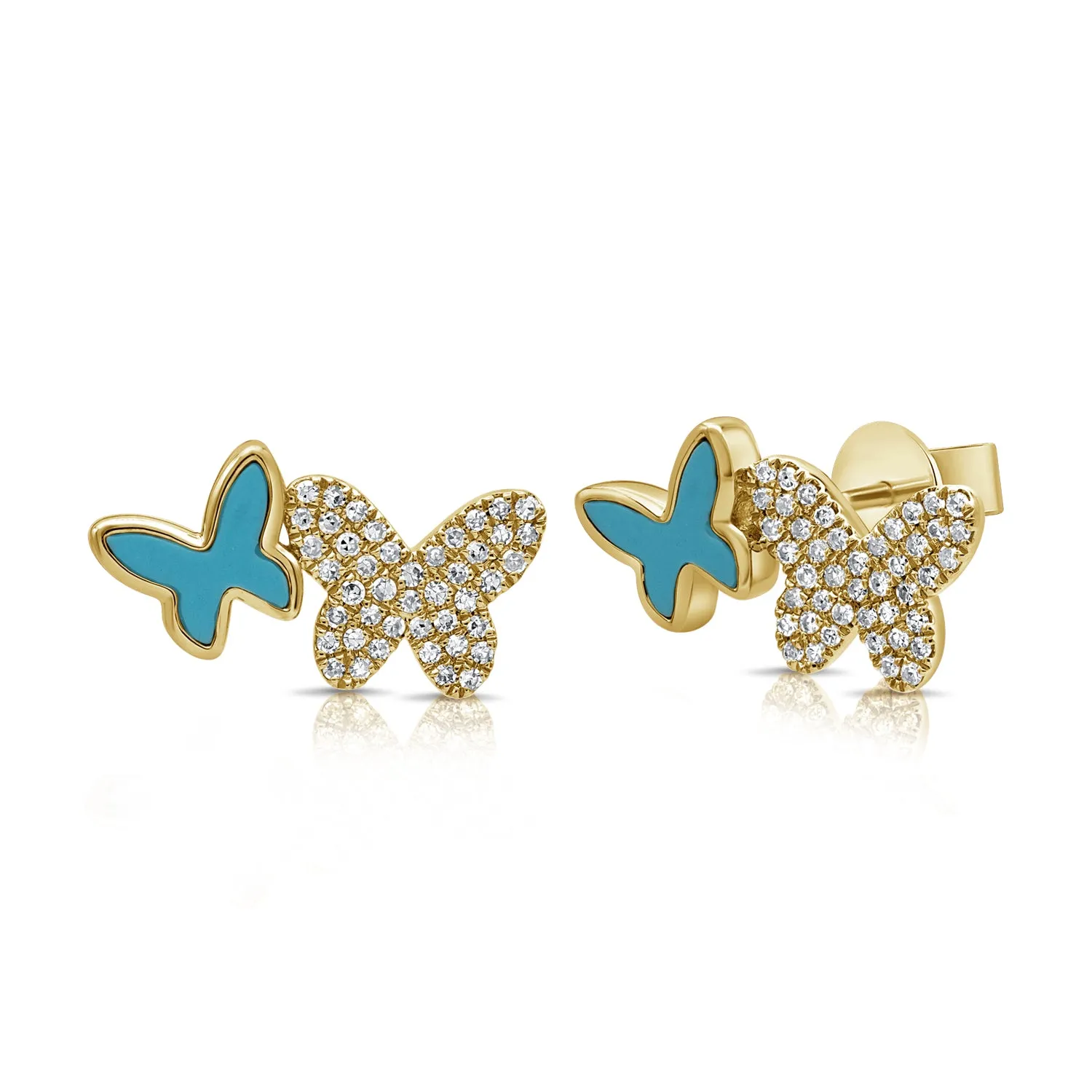 14K Gold Turquoise & Diamond Butterfly Stud Earrings - 0.22ct