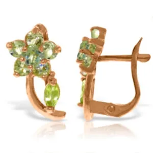 14K Solid Rose Gold Flowers Stud Earrings w/ Aquamarine & Peridot