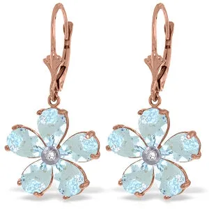 14K Solid Rose Gold Leverback Earrings w/ Aquamarine & Diamond