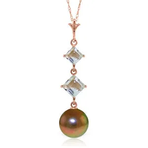 14K Solid Rose Gold Natural Aquamarines & Pearl Necklace Certified