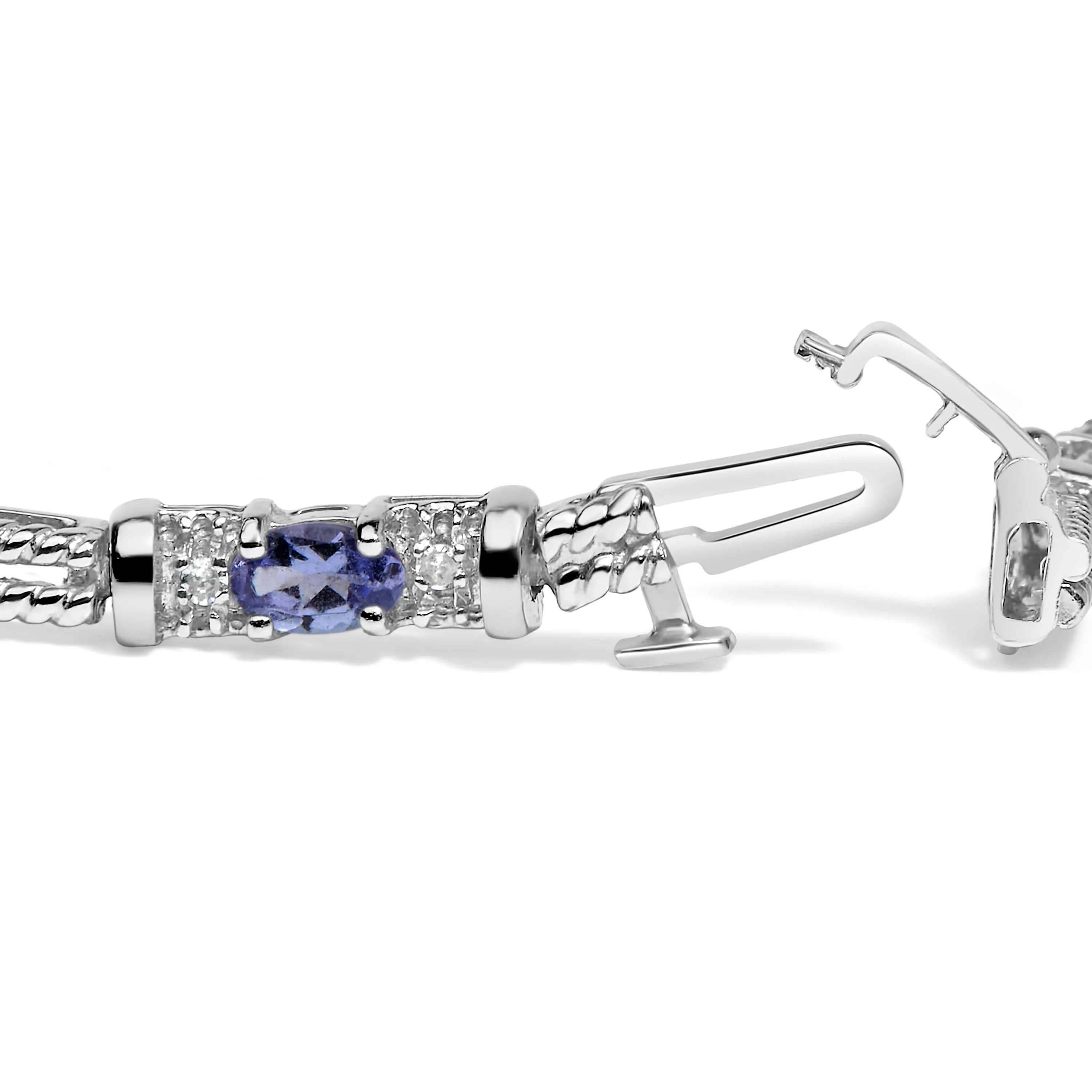 14K White Gold Blue Purple Tanzanite and Diamond Accent Cord Style Link Bracelet