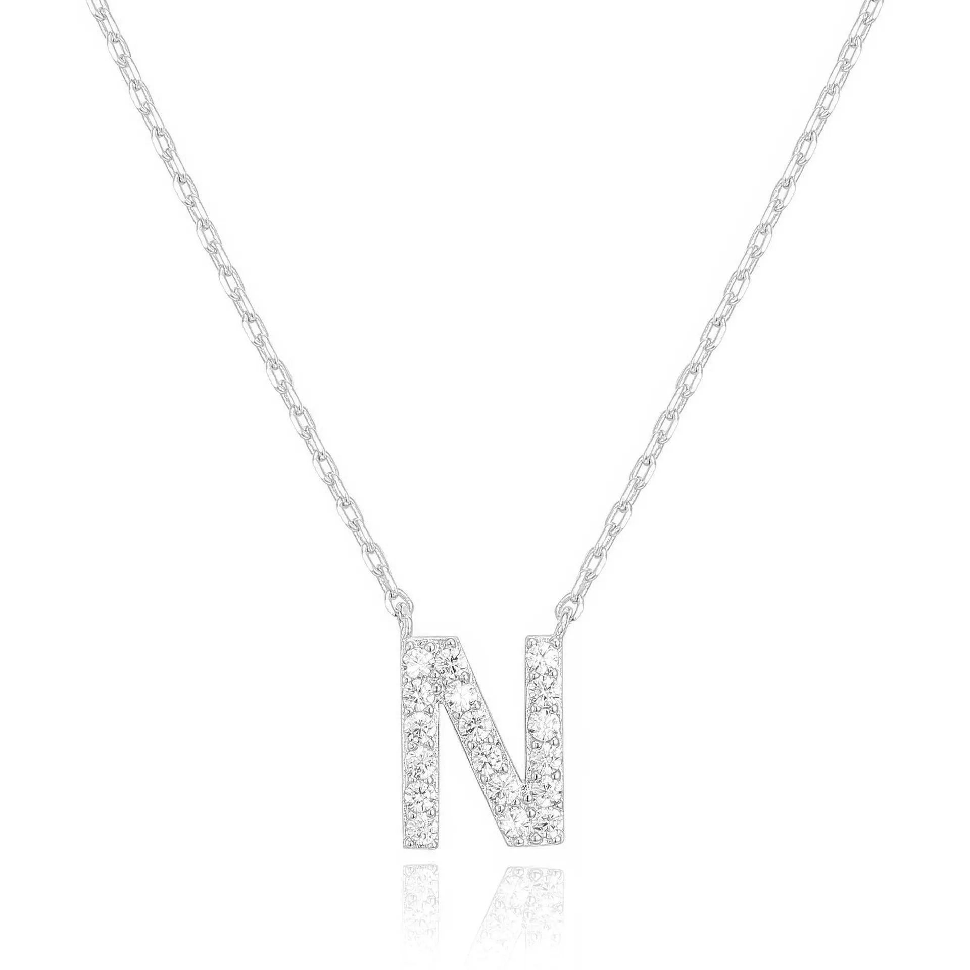 14k White Gold Created Diamond Initial N Letter Pendant Necklace Plated