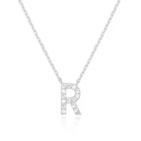 14k White Gold Created Diamond Initial R Letter Pendant Necklace Plated