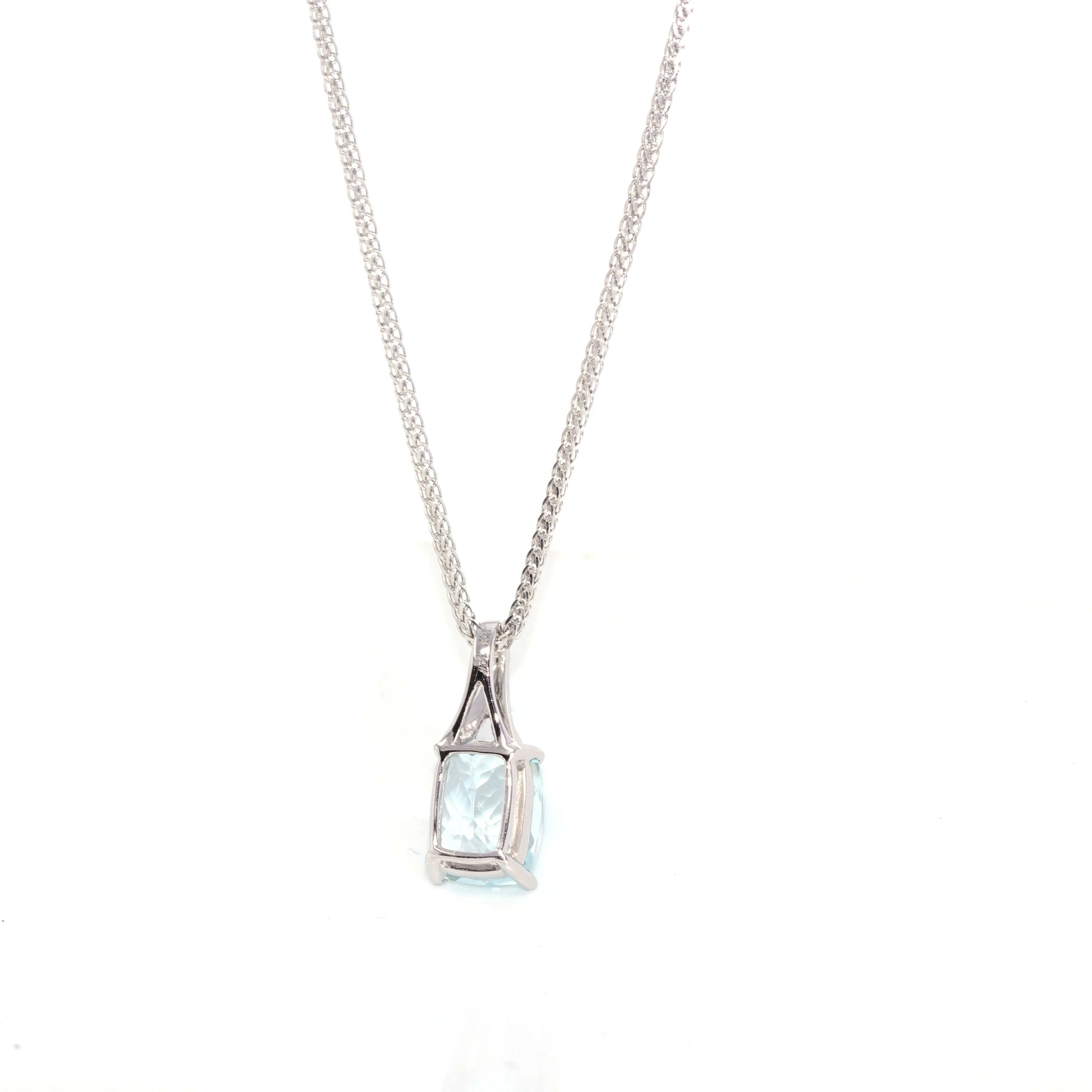 14k White Gold Genuine Oval Aquamarine AA Pendant Necklace With Diamond