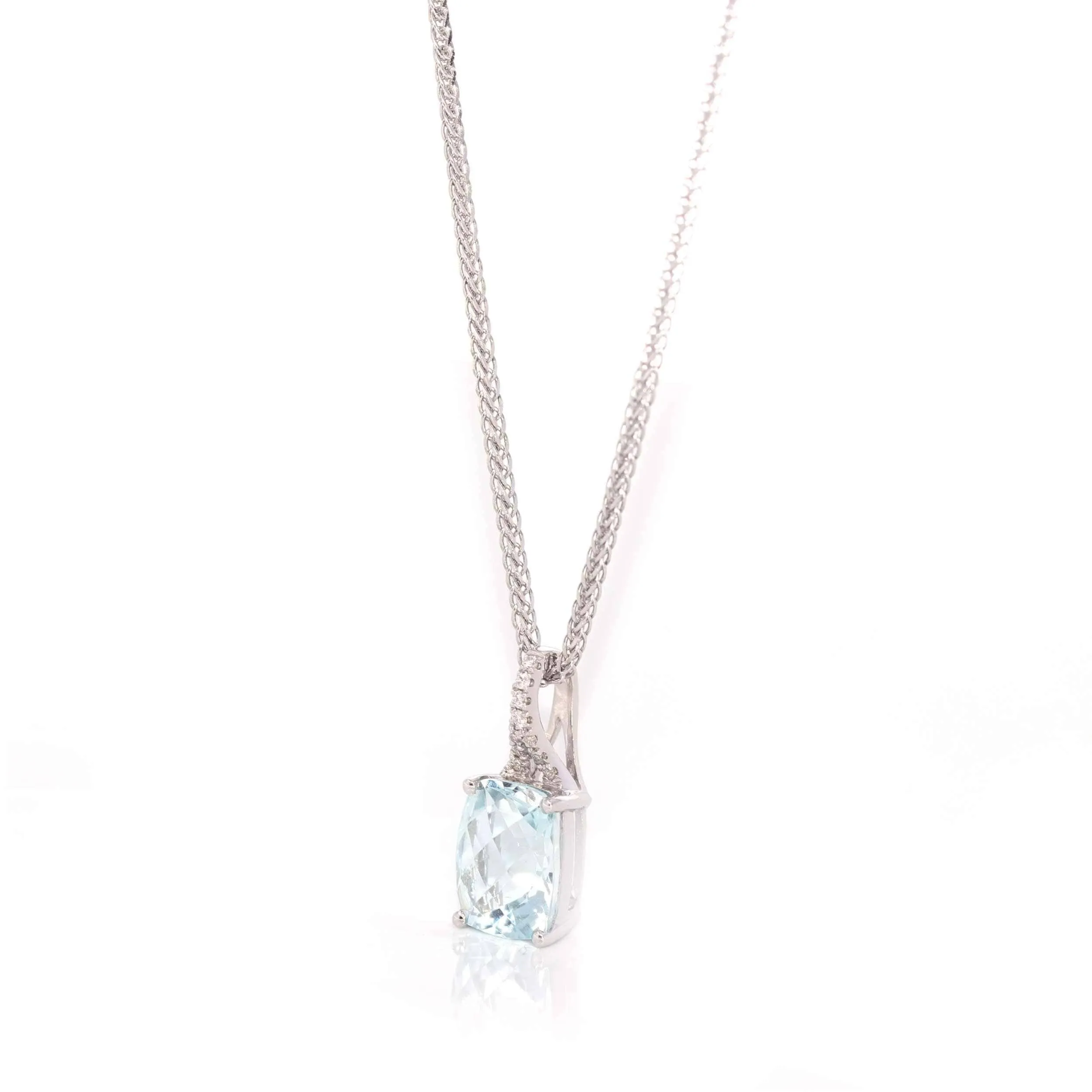 14k White Gold Genuine Oval Aquamarine AA Pendant Necklace With Diamond