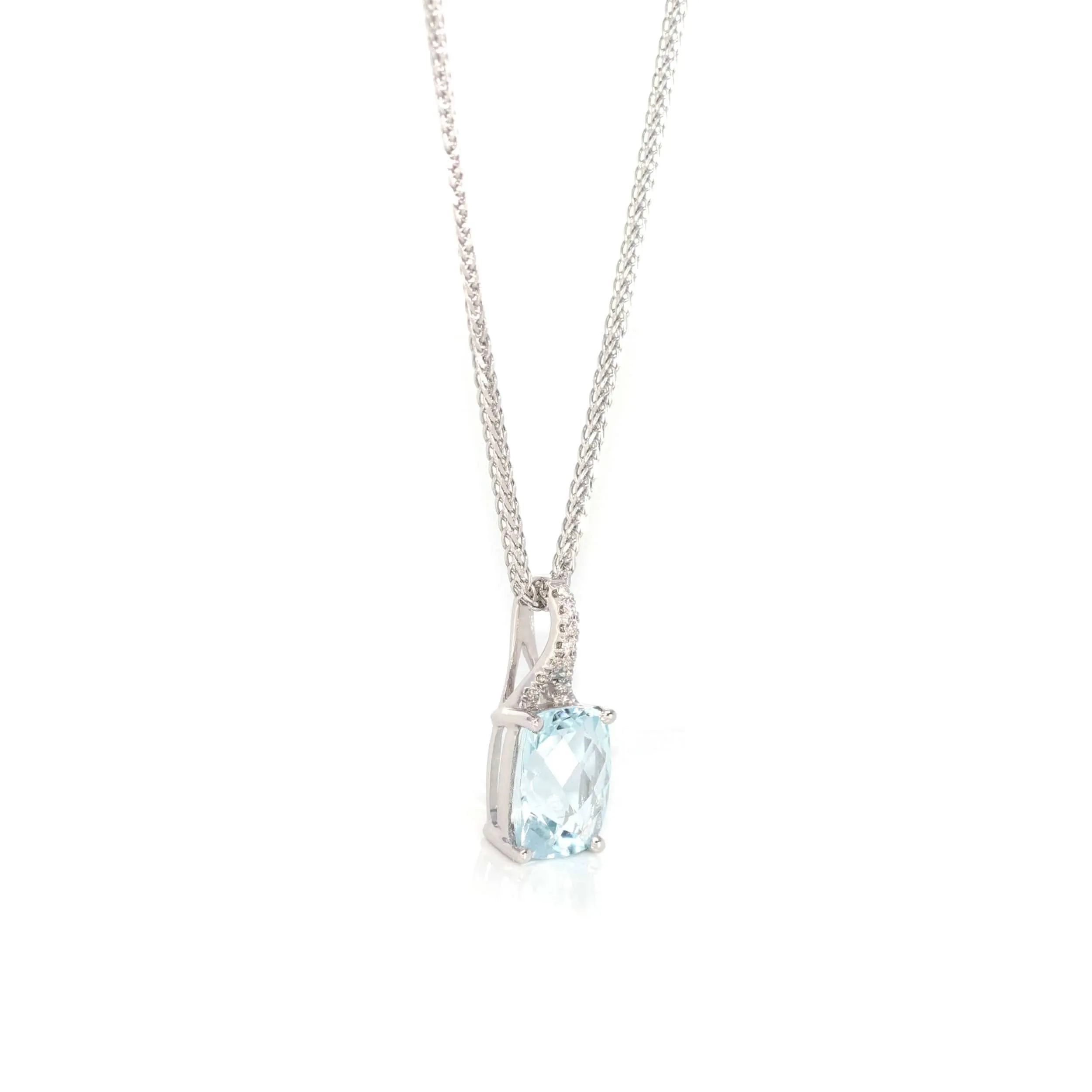 14k White Gold Genuine Oval Aquamarine AA Pendant Necklace With Diamond