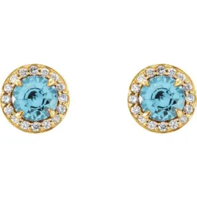 14K Yellow 4 mm Natural Blue Zircon & 1/10 CTW Natural Diamond Earrings