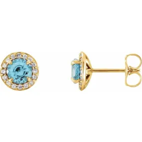 14K Yellow 4 mm Natural Blue Zircon & 1/10 CTW Natural Diamond Earrings