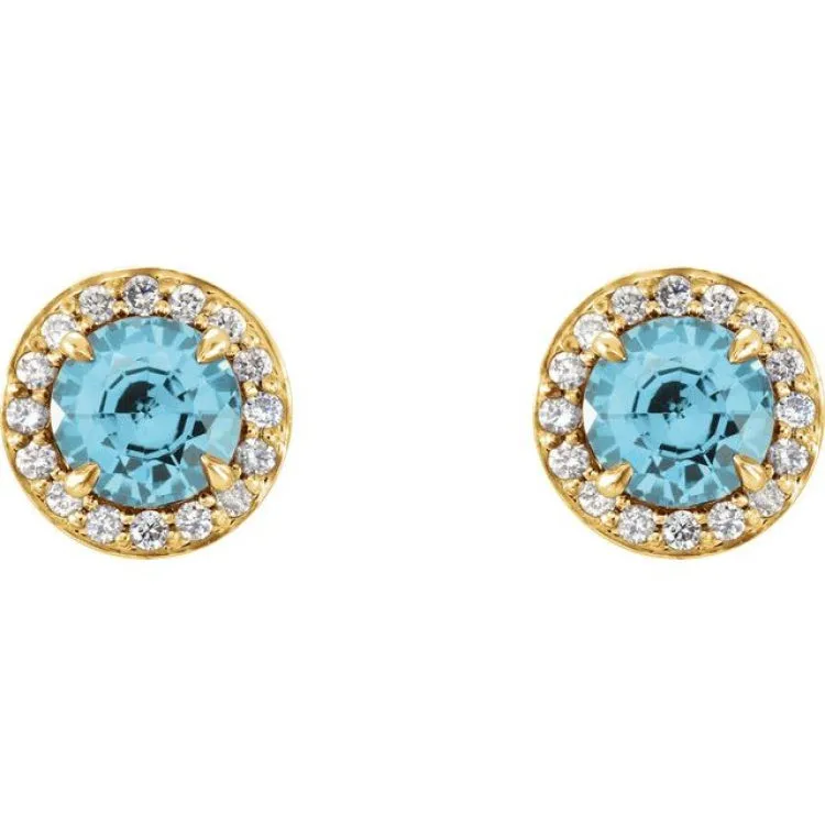 14K Yellow 4 mm Natural Blue Zircon & 1/10 CTW Natural Diamond Earrings