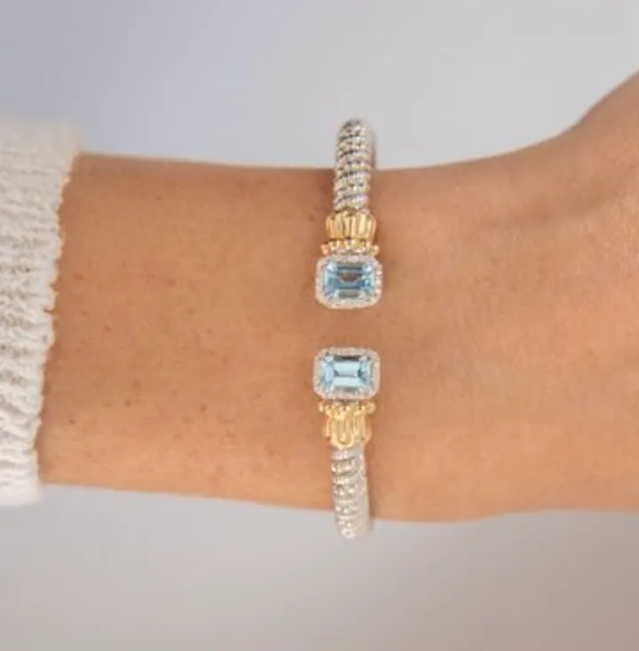 14KY Gold and Sterling Silver Diamond Sky Blue Topaz Open Bracelet