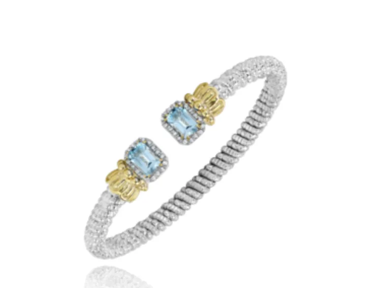 14KY Gold and Sterling Silver Diamond Sky Blue Topaz Open Bracelet