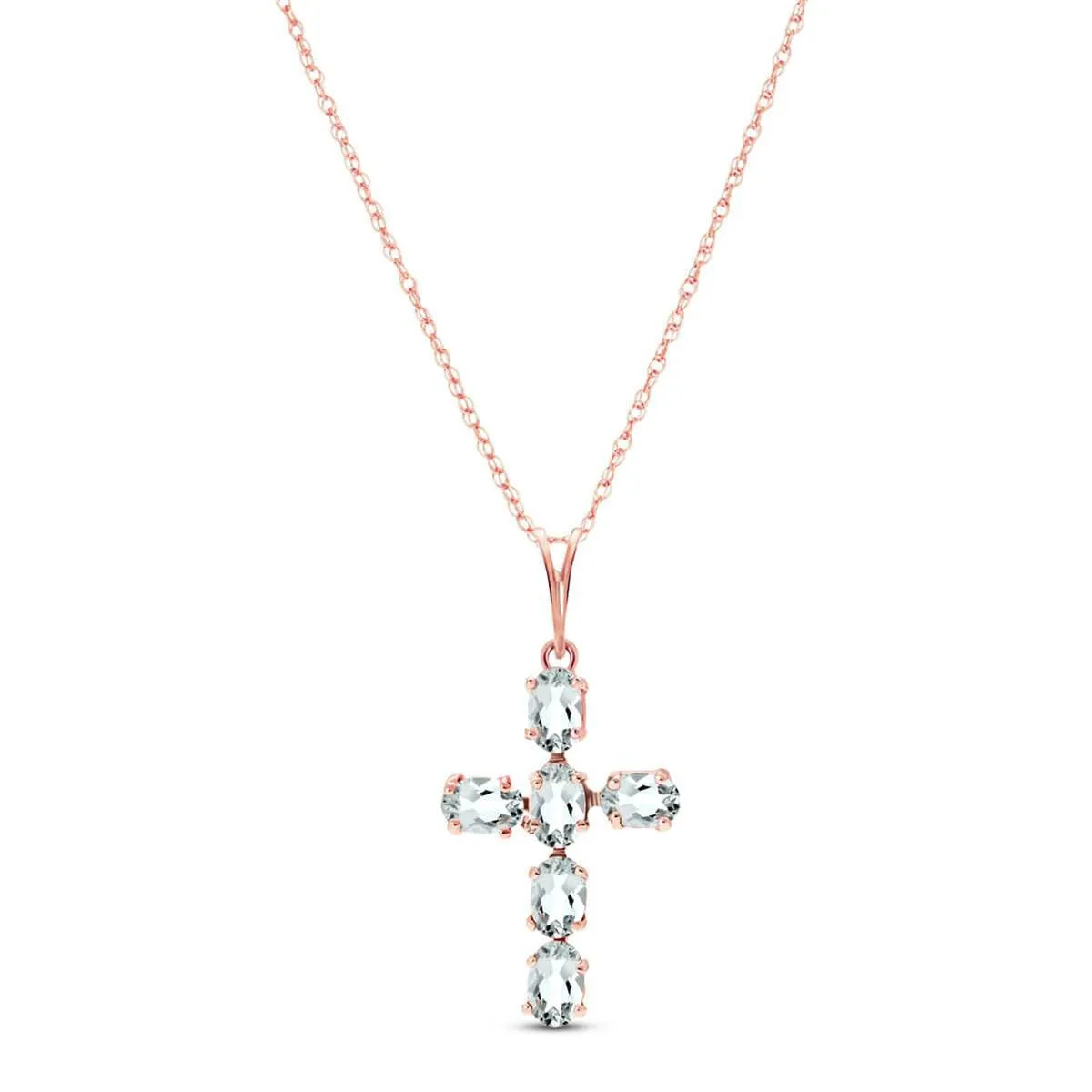 1.5 Carat 14K Solid Rose Gold Cross Necklace Natural Aquamarine