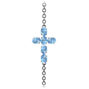 1.7 Carat 14K Solid White Gold Cross Bracelet Natural Blue Topaz