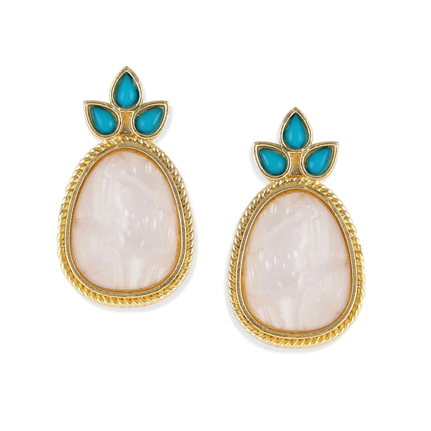 18K Gold Plated Turquoise Blue & Pale Pink Stone Drop Earrings with Golden Outline