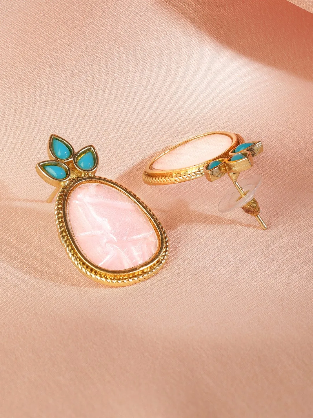 18K Gold Plated Turquoise Blue & Pale Pink Stone Drop Earrings with Golden Outline