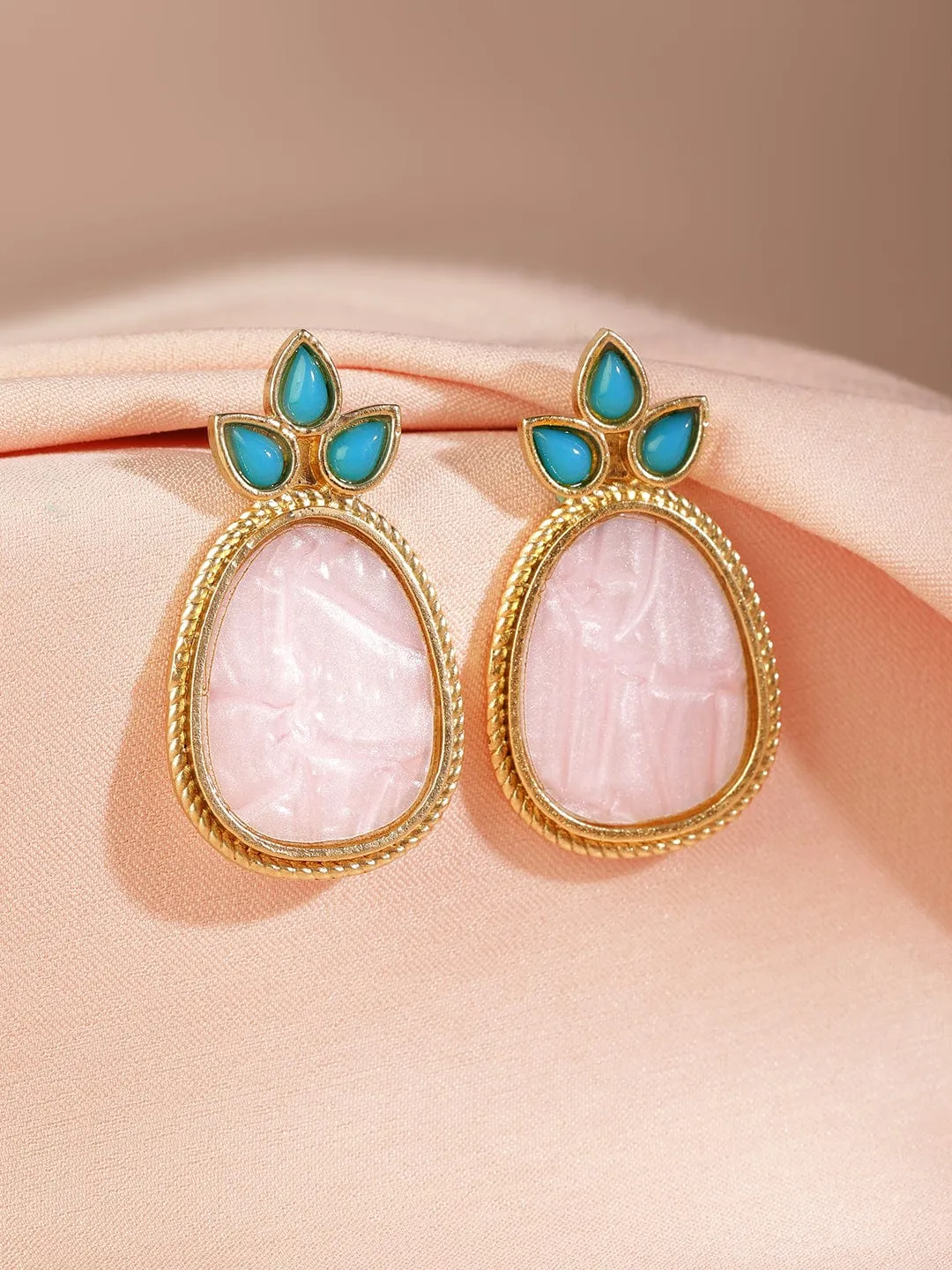 18K Gold Plated Turquoise Blue & Pale Pink Stone Drop Earrings with Golden Outline