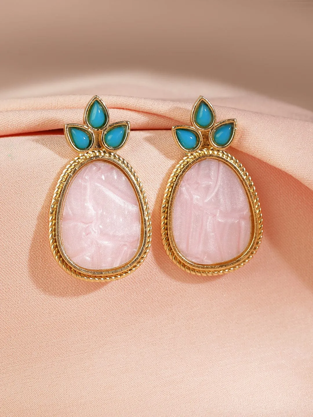 18K Gold Plated Turquoise Blue & Pale Pink Stone Drop Earrings with Golden Outline