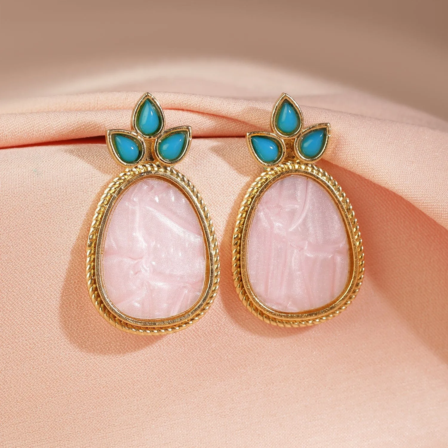 18K Gold Plated Turquoise Blue & Pale Pink Stone Drop Earrings with Golden Outline