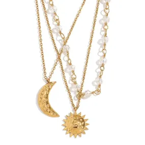 18K Gold Sun and Moon Layered Pendant Necklace – Celestial Jewellery for Women