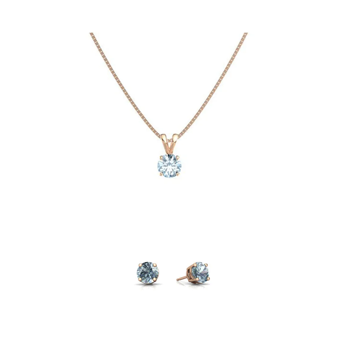 18K Rose Gold 1/2ct  Aquamarine Round 18 Inch Necklace and Earrings Set Plated