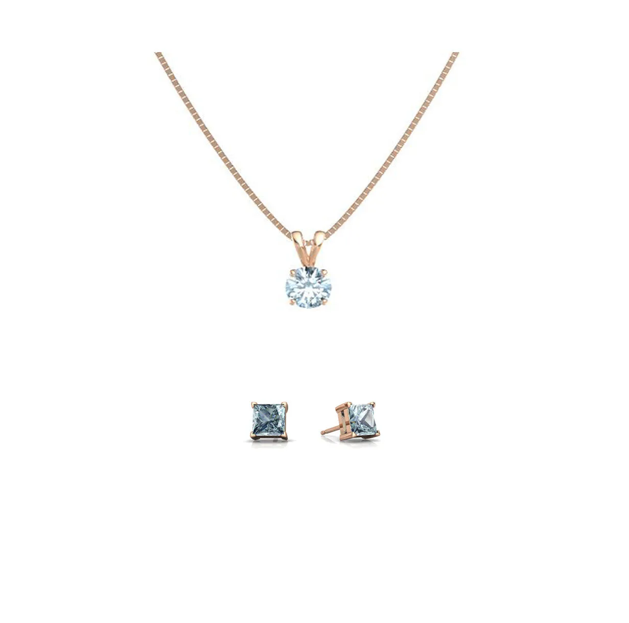 18K Rose Gold 2ct Aquamarine Round 18 Inch Necklace and Square Earrings Set Plated