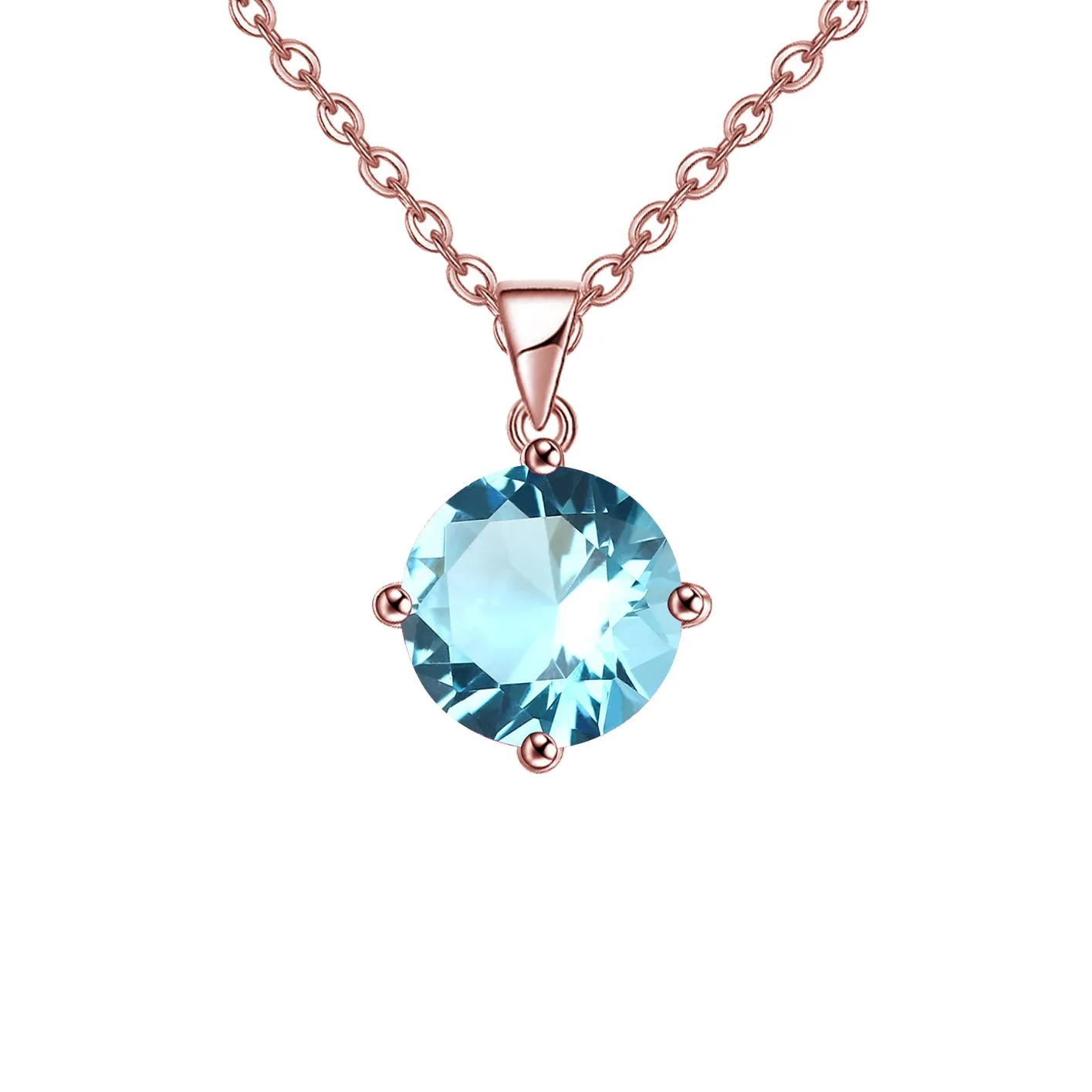 18K Rose Gold 4 Carat Created Aquamarine Round Stud Necklace Plated 18 inch