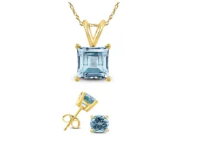 18K Yellow Gold 1/2ct Aquamarine Square 18 Inch Necklace and Round Earrings Set Plated