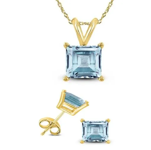 18K Yellow Gold 1ct Aquamarine Square 18 Inch Necklace and Earrings Set Plated