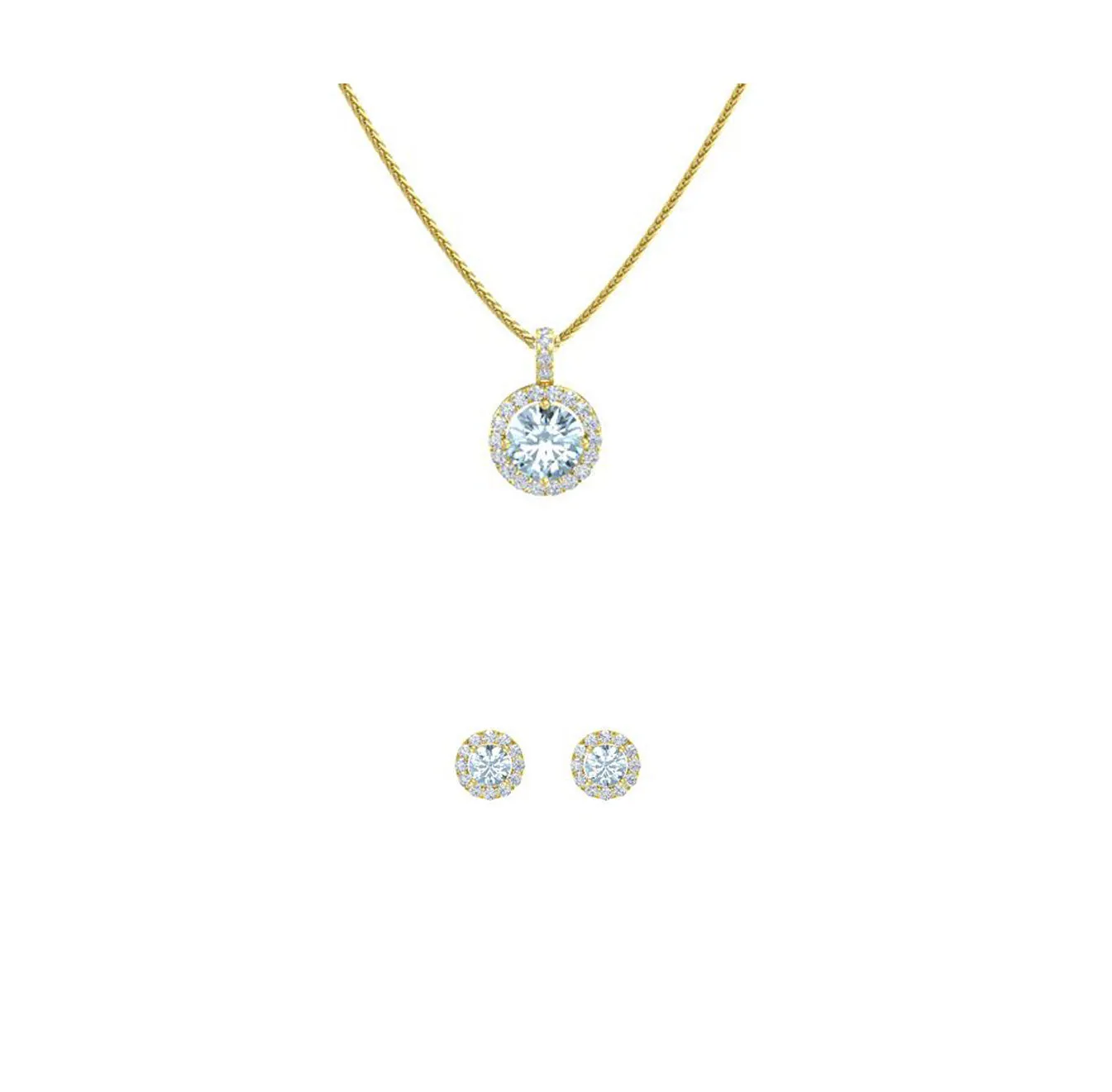 18K Yellow Gold 4ct  Halo Aquamarine Round 18 Inch Necklace and Halo Earrings Set Plated