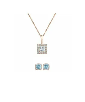 18K Yellow Gold 4ct Halo Aquamarine Square 18 Inch Necklace and Halo Earrings Set Plated