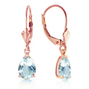 2.85 Carat 14K Solid Rose Gold Pear Aquamarine Leverback Earrings