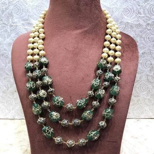 3 Layered Pearl Semi Prescious Necklace