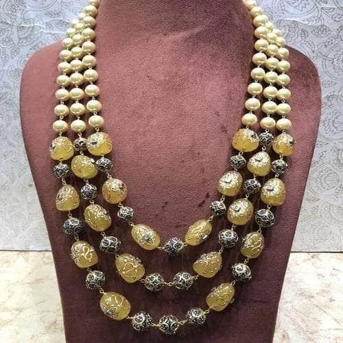 3 Layered Pearl Semi Prescious Necklace