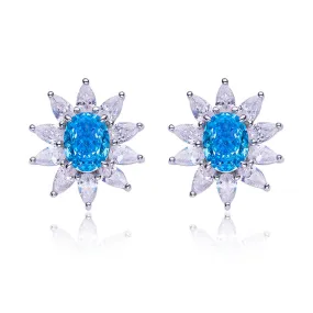 3.2Carat Oval Blue Zircon Flower Shape Studs