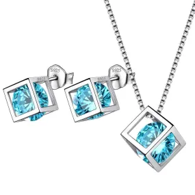 3D Cube Birthstone March Aquamarine Jewelry Set 3PCS Women Girls Birthday Gift