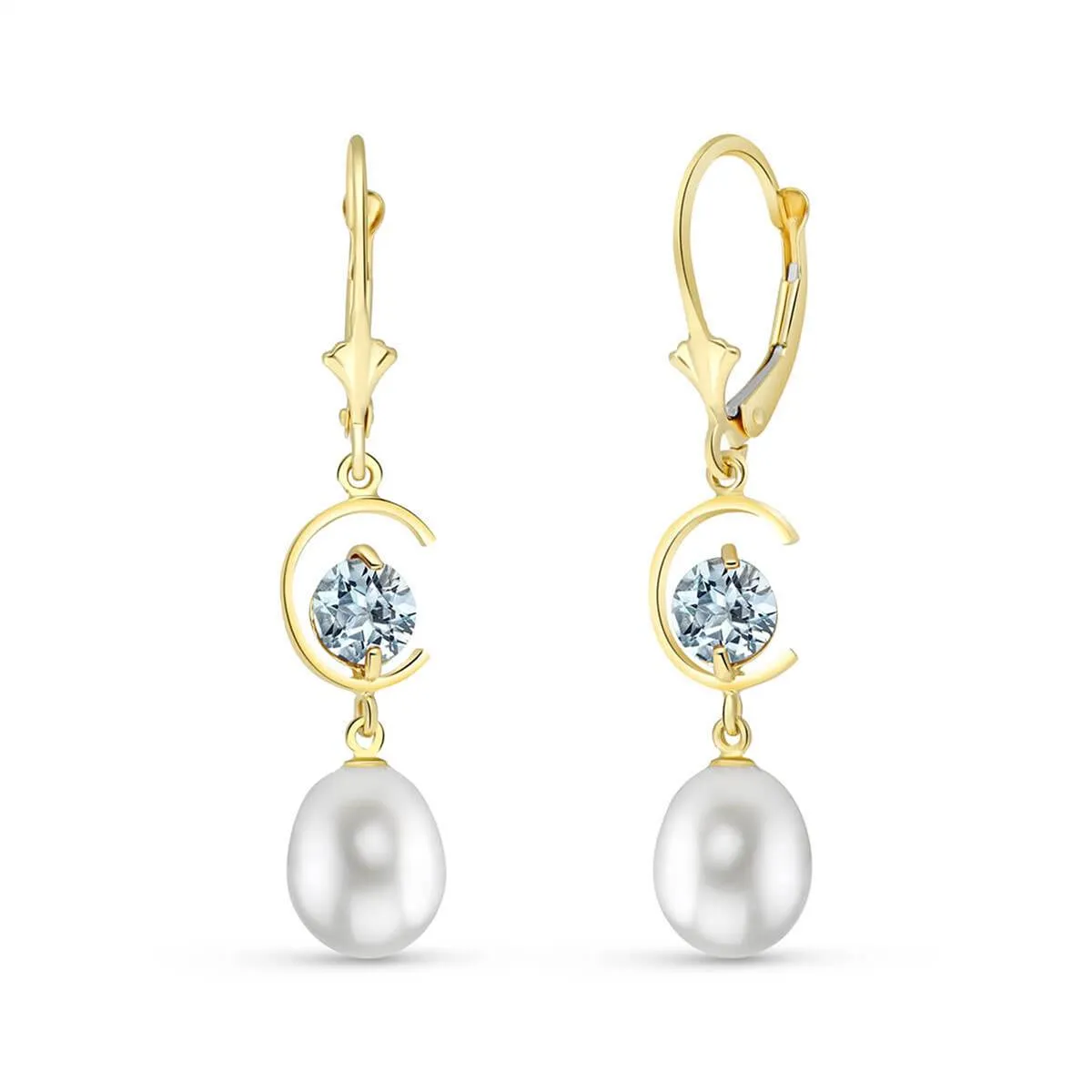 9 Carat 14K Solid Yellow Gold Moonstruck Aquamarine Pearl Earrings