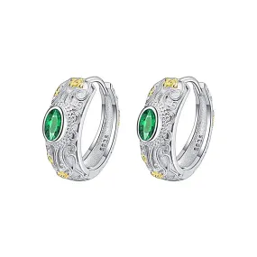 925 Silver Carved Flower Gold and Silver Contrast Green Zircon Huggie Earrings