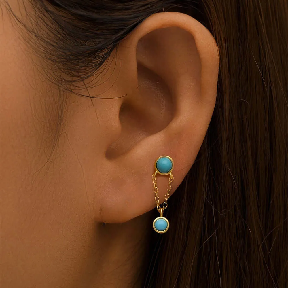 925 Silver Gold Round Turquoise Flat Earrings