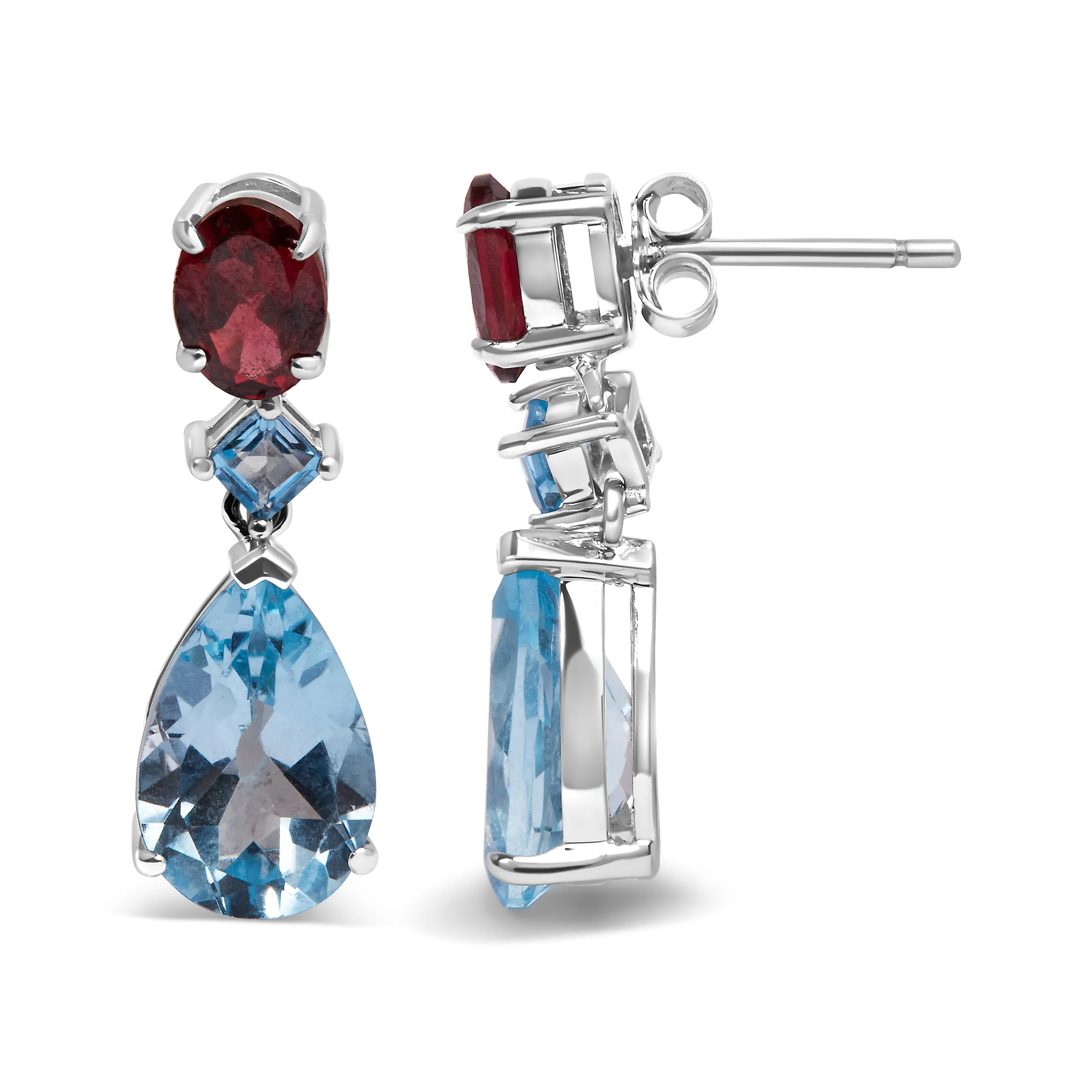 .925 Sterling Silver 10.0 Carat Blue Topaz and Grape Rhodolite Garnet Dangle Drop Earrings 1" Inch Dangle Length