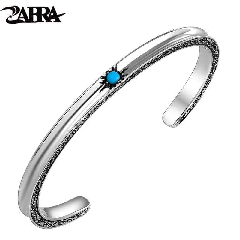 925 Sterling Silver 4mm Open Cuff Genuine Zircon Stone Bangle for Vintage Rock Women Jewelry