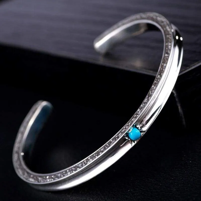 925 Sterling Silver 4mm Open Cuff Genuine Zircon Stone Bangle for Vintage Rock Women Jewelry