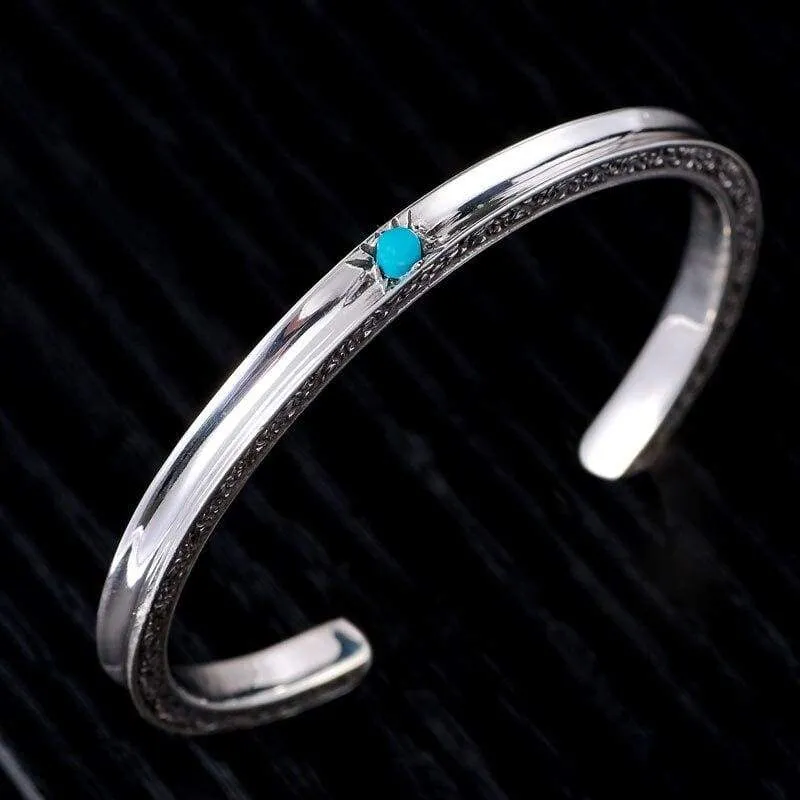 925 Sterling Silver 4mm Open Cuff Genuine Zircon Stone Bangle for Vintage Rock Women Jewelry