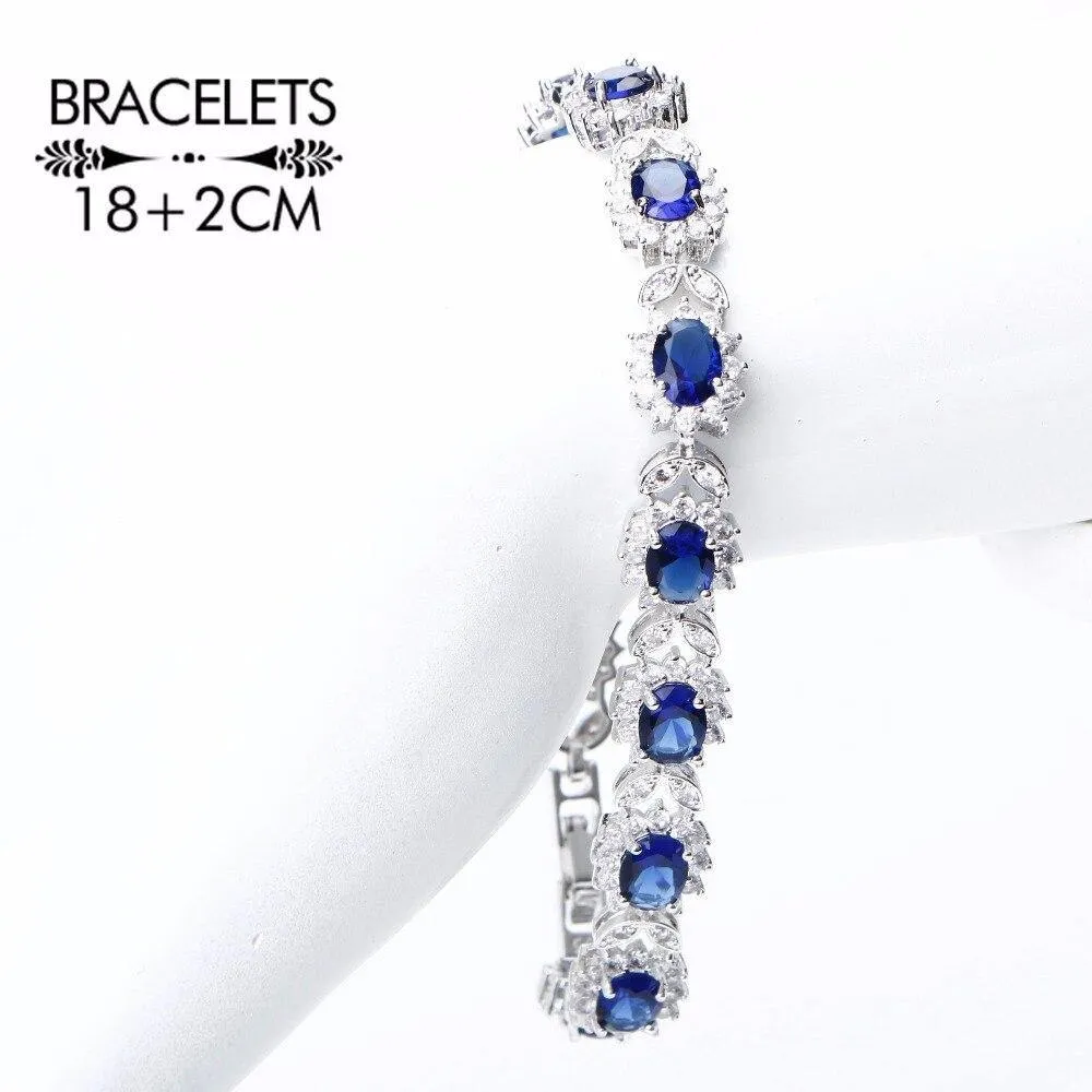 925 Sterling Silver Blue AAA  CZ Stones Bridal Wedding Jewelry Set For Women Bracelet Earrings Ring Necklace