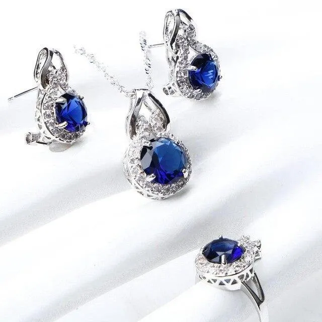 925 Sterling Silver Blue AAA  CZ Stones Bridal Wedding Jewelry Set For Women Bracelet Earrings Ring Necklace